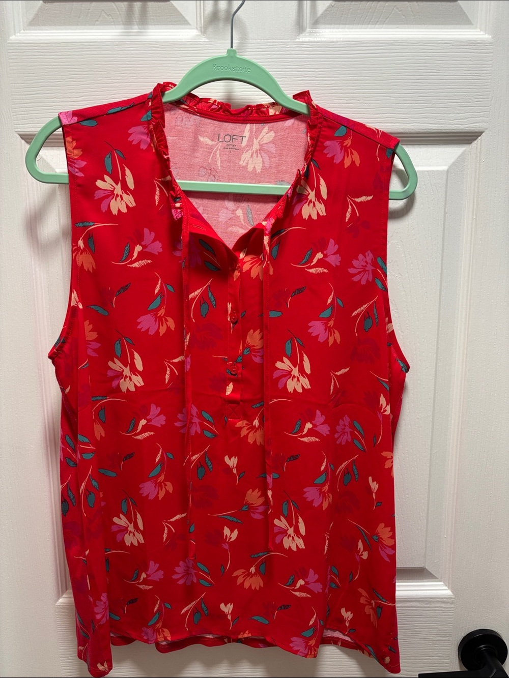LOFT Red Floral Sleeveless Tie-Neck Camisole